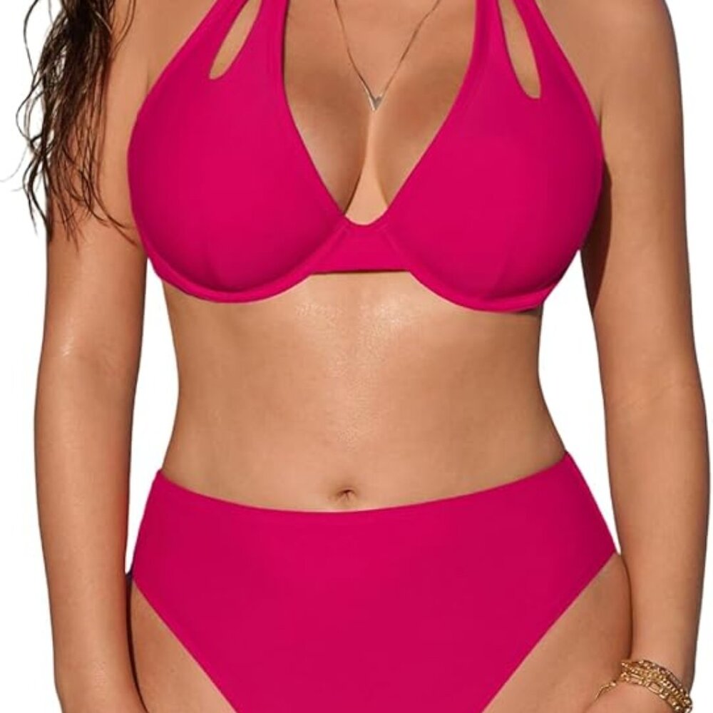 NWT! CUPSHE Women's Bikini Hot Pink Large Bust High Waisted Push Up Swimsuit